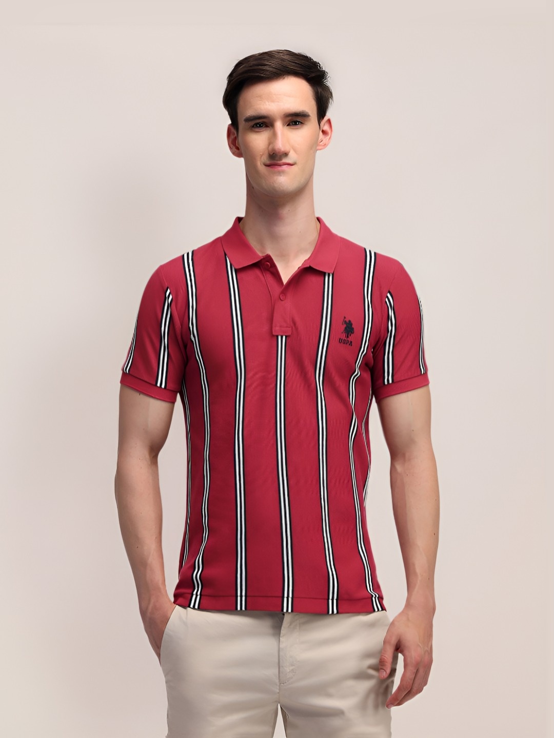 

U.S. Polo Assn. Men Brand Logo Striped Slim Fit Pure Cotton T-shirt, Red