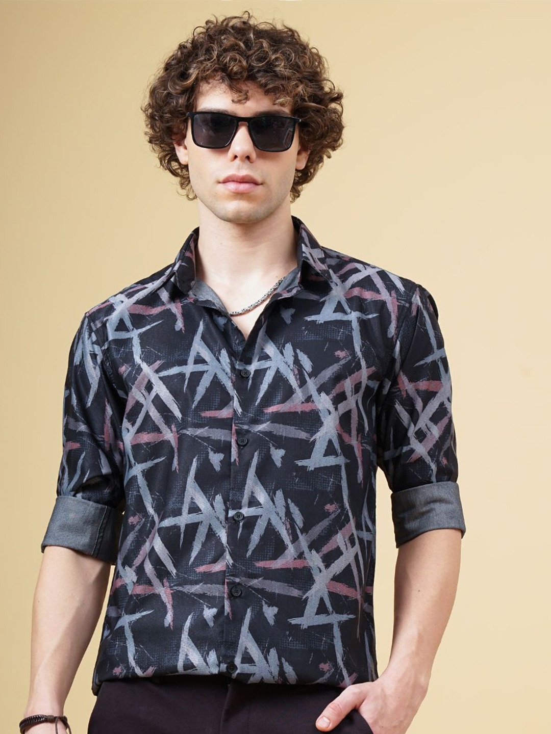 

PAUL STREET Men Classic Spread Collar Abstract Printed Slim Fit Casual Shirt, Black