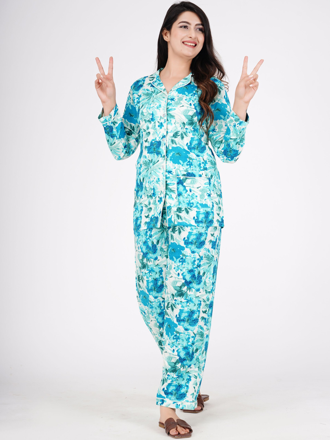 

ao services Floral Printed Lapel Collar Shirt With Pyjamas, Blue