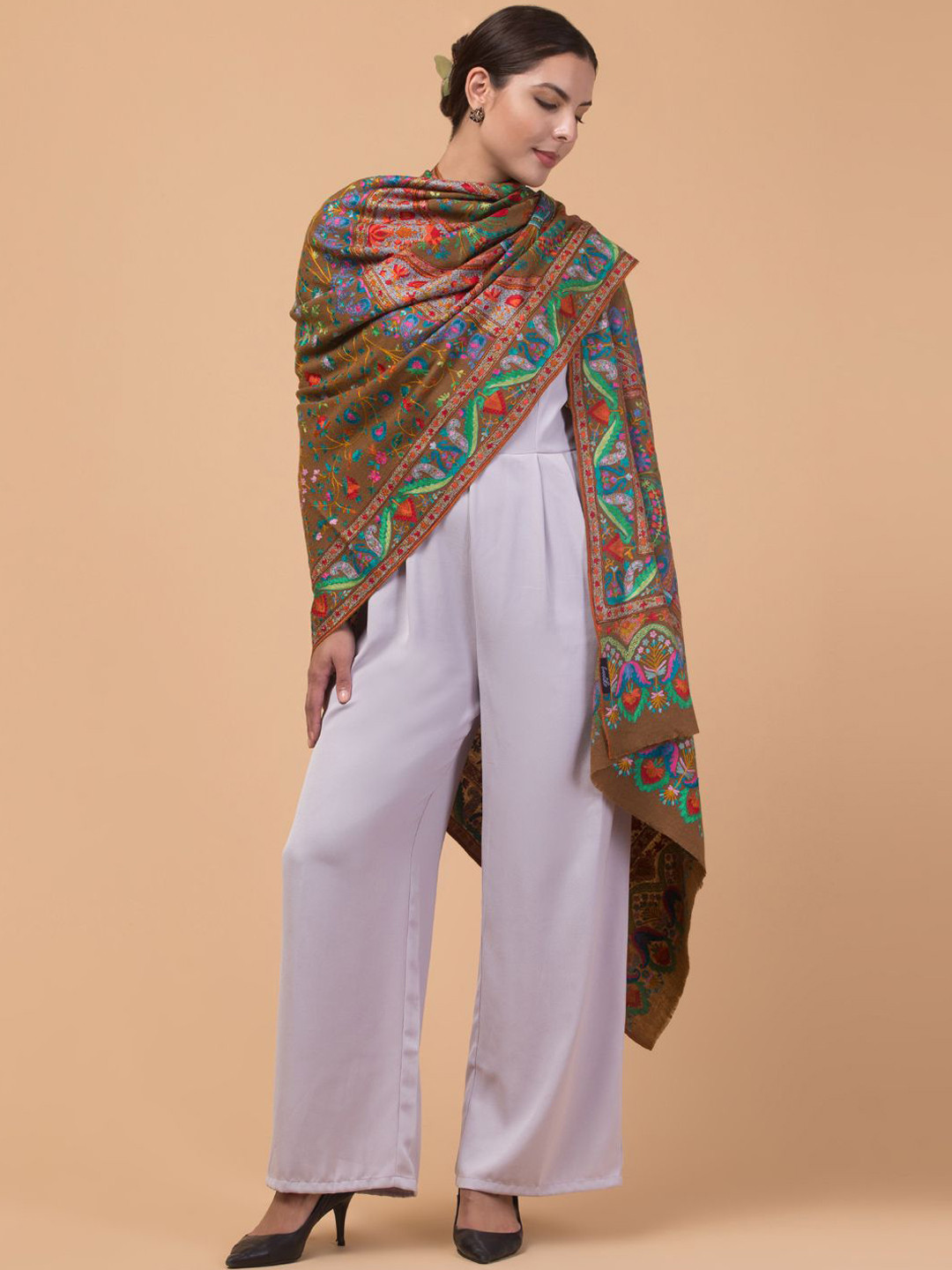 

Tweedle Botanical Kashmiri Nalki Embroidered Pashmina Pure Woollen Shawl, Beige