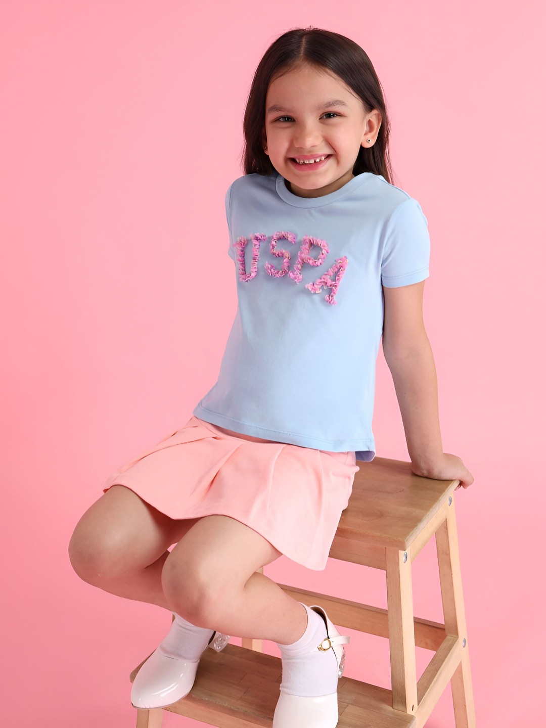 

U.S. Polo Assn. Kids Girls Typography Printed Round Neck Cotton T-shirt, Blue