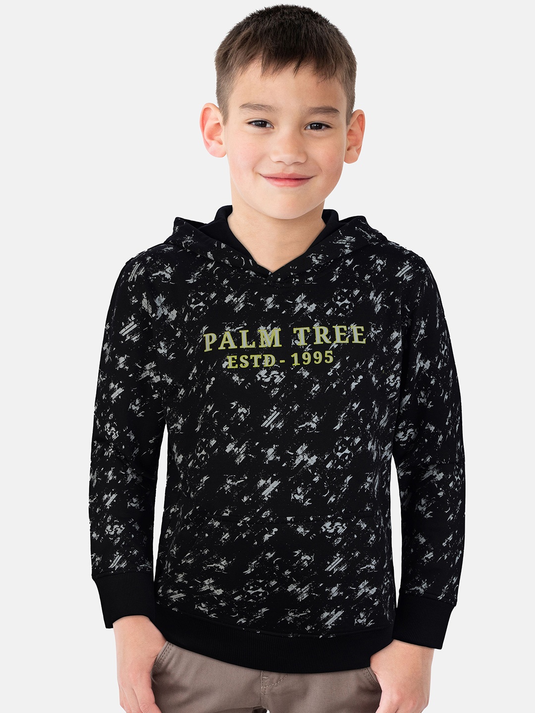 

Palm Tree Boys Brand Logo Printed Hooded Cotton Pullover Sweatshirt, Black
