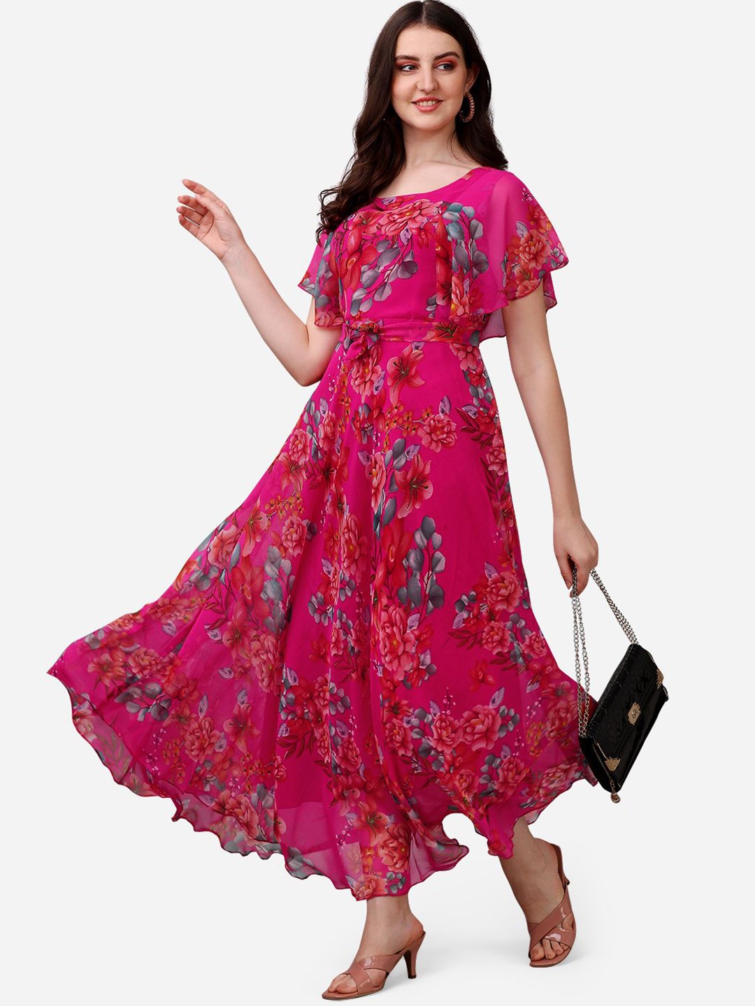 

KALINI Women Floral Printed Flared Sleeve Fit & Flare Maxi Dress, Pink