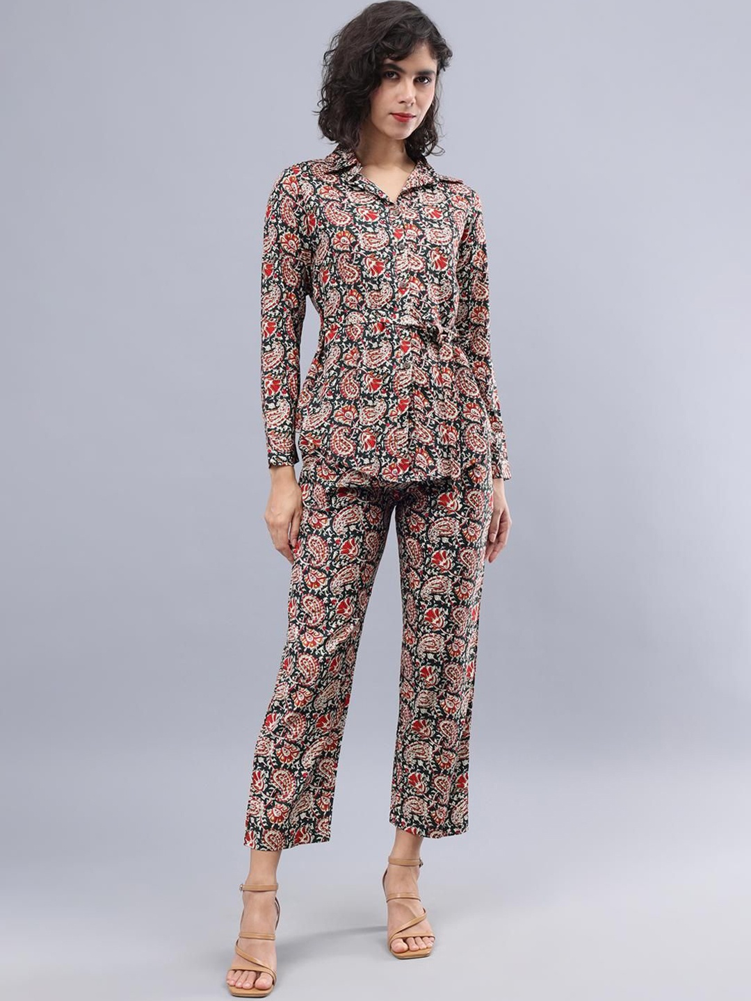

CORDSET Printed Pure Cotton Collar Shirt With Trousers Co-Ords, Green