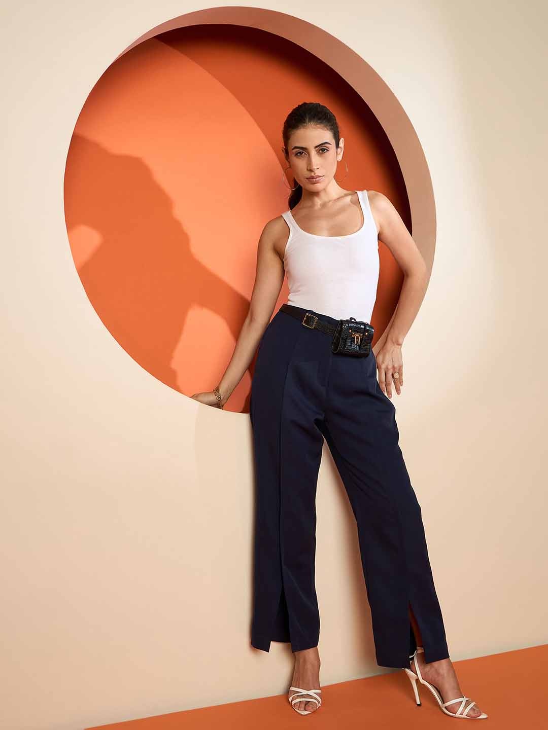 

Antheaa Women Smart Loose Fit Wide Leg Trousers, Navy blue