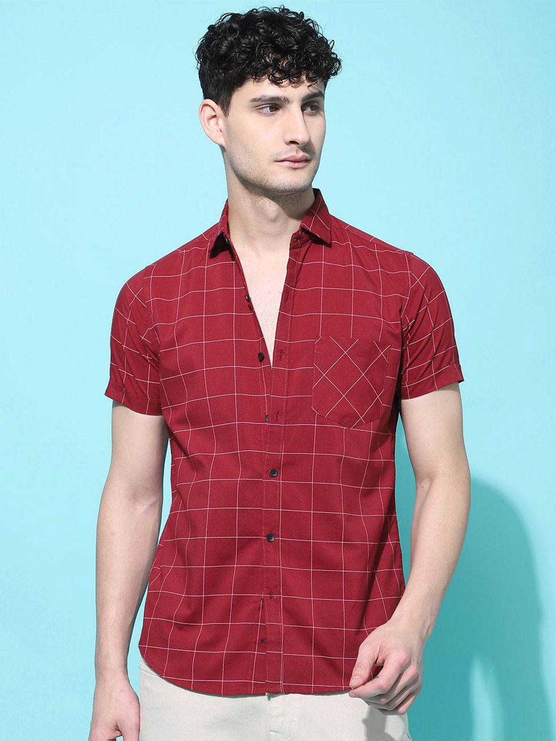

Voroxy Men New Spread Collar Tartan Checked Cotton Casual Shirt, Red