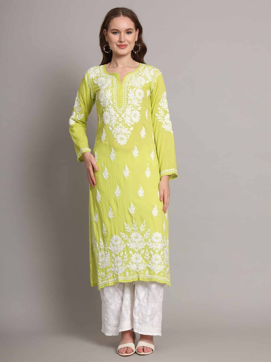 

The Chikan Label Floral Embroidered Notch Neck Modal Chikankari Straight Kurta, Green