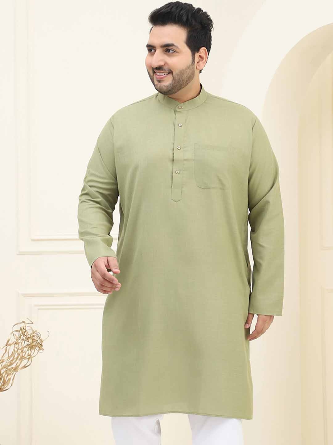 

SOJANYA Plus Mandarin Collar Long Sleeves Cotton Straight Kurta, Green