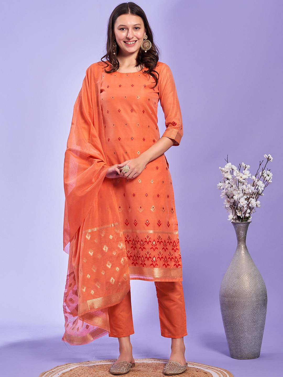 

KALINI Woven Design Ethnic Motifs Regular A Line Kurta with Trousers & Dupatta, Peach