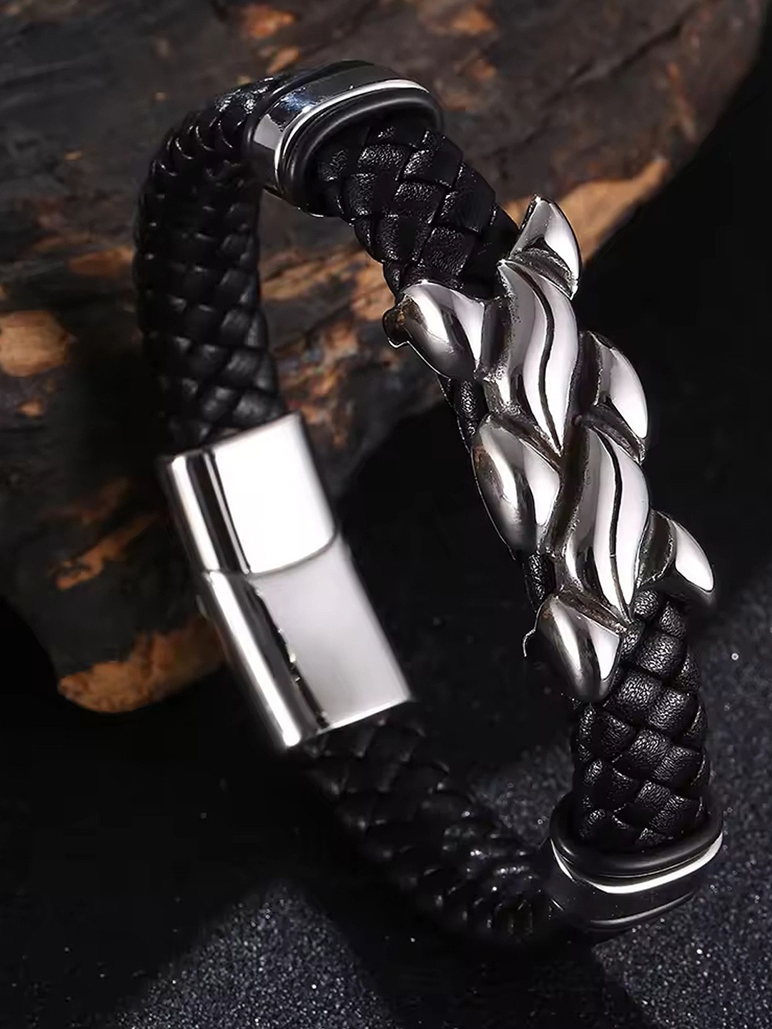 

Heer Collection Men Leather & Stainless Steel Wraparound Bracelet, Black