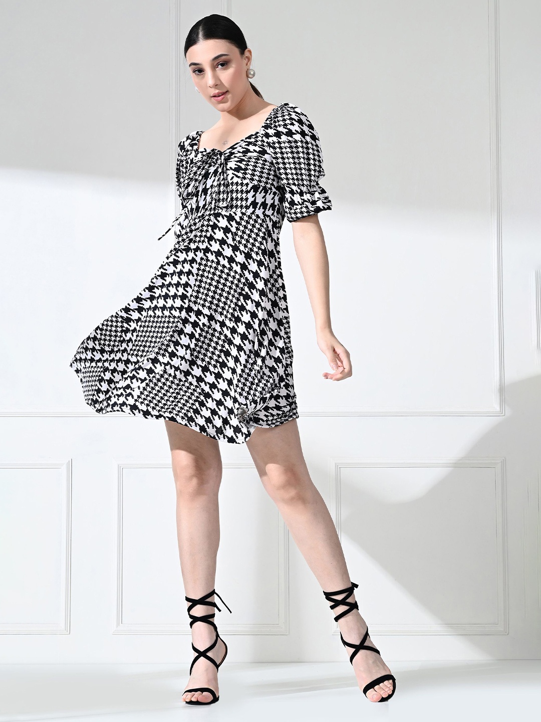 

BAESD Women Printed Puff Sleeve Fit and Flare Mini Dress, Black