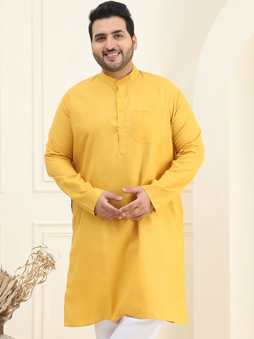 

SOJANYA PLUS Size Band Collar Cotton Straight Kurta, Mustard