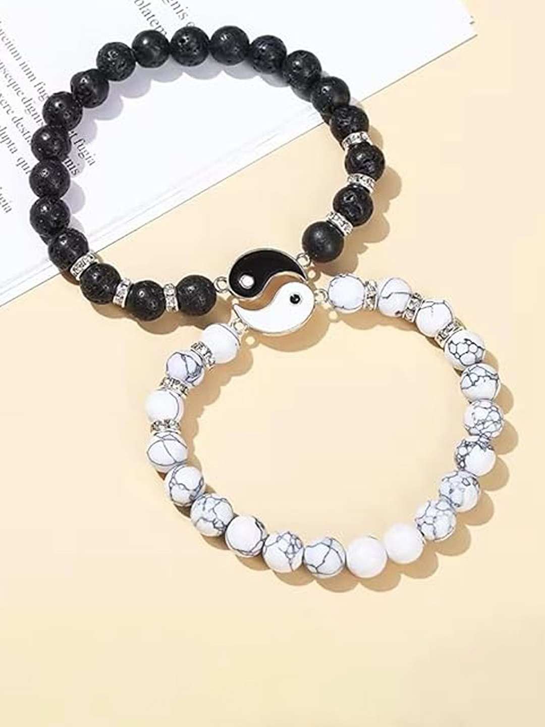 

Heer Collection Unisex Set of 2 Beaded Wood Elasticated Bracelet, Black