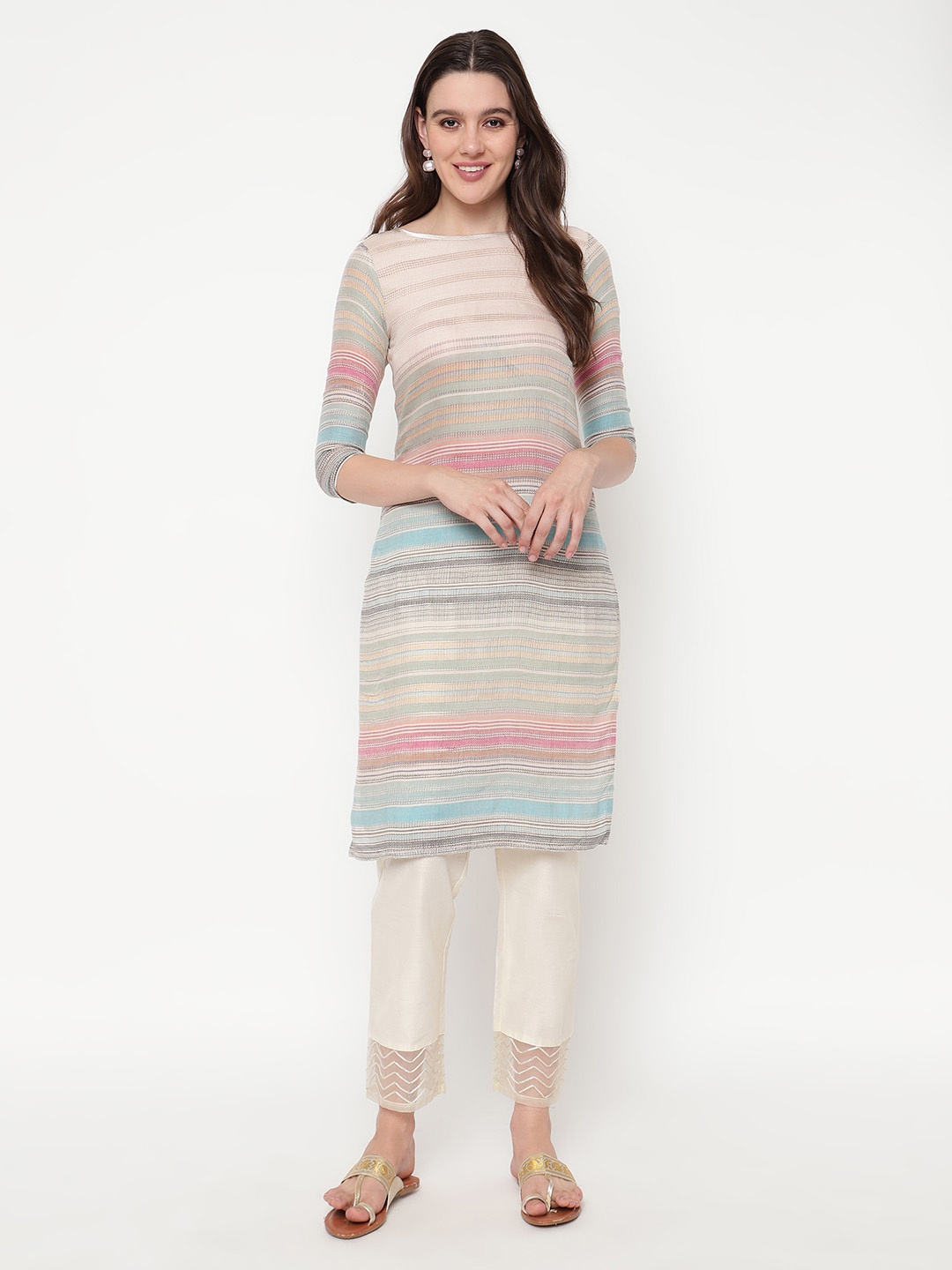 

URG Striped Cotton Straight Kurta, Grey