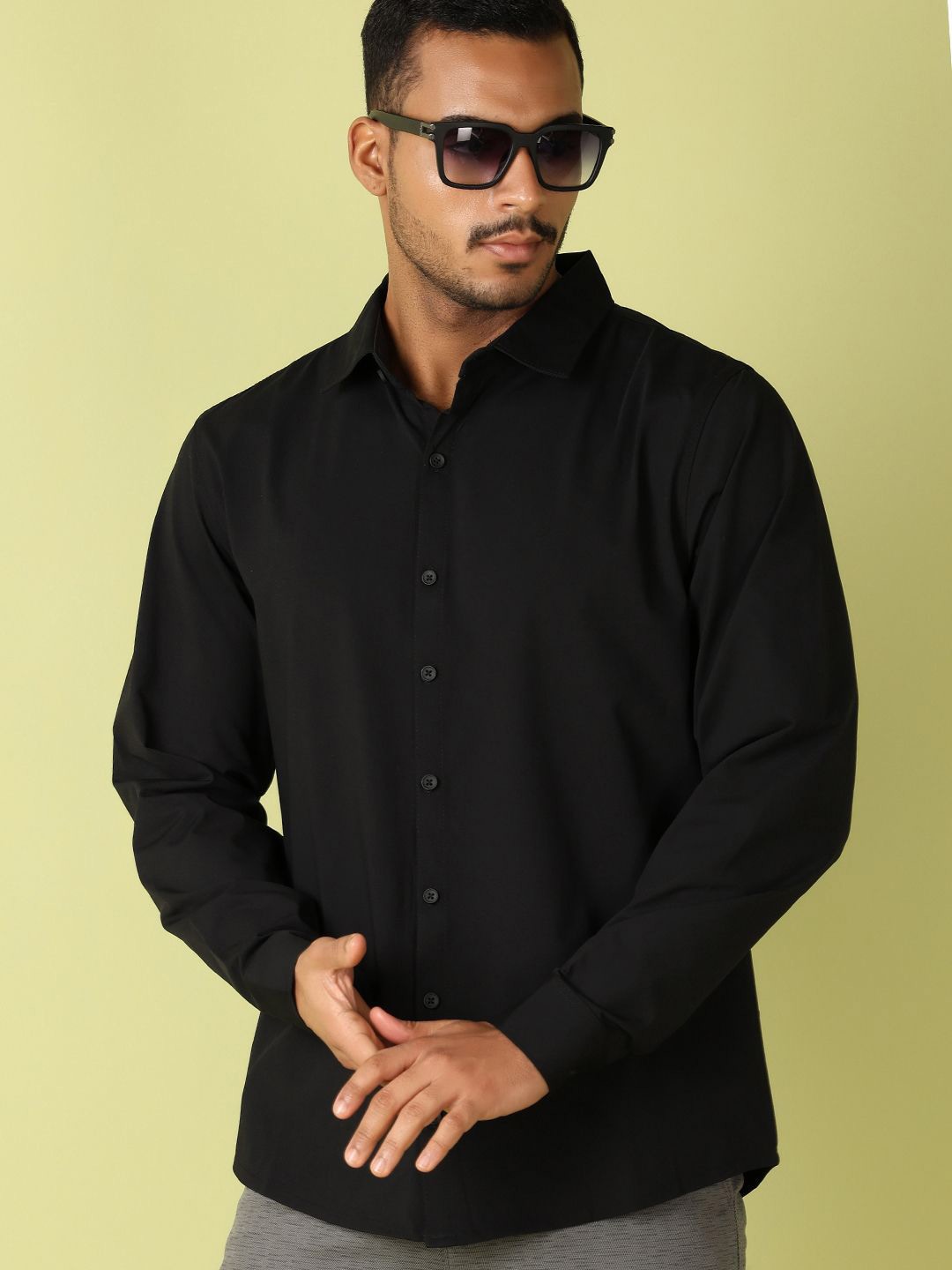 

V-Mart Men Classic Spread Collar Solid Striped Cotton Casual Shirt, Black