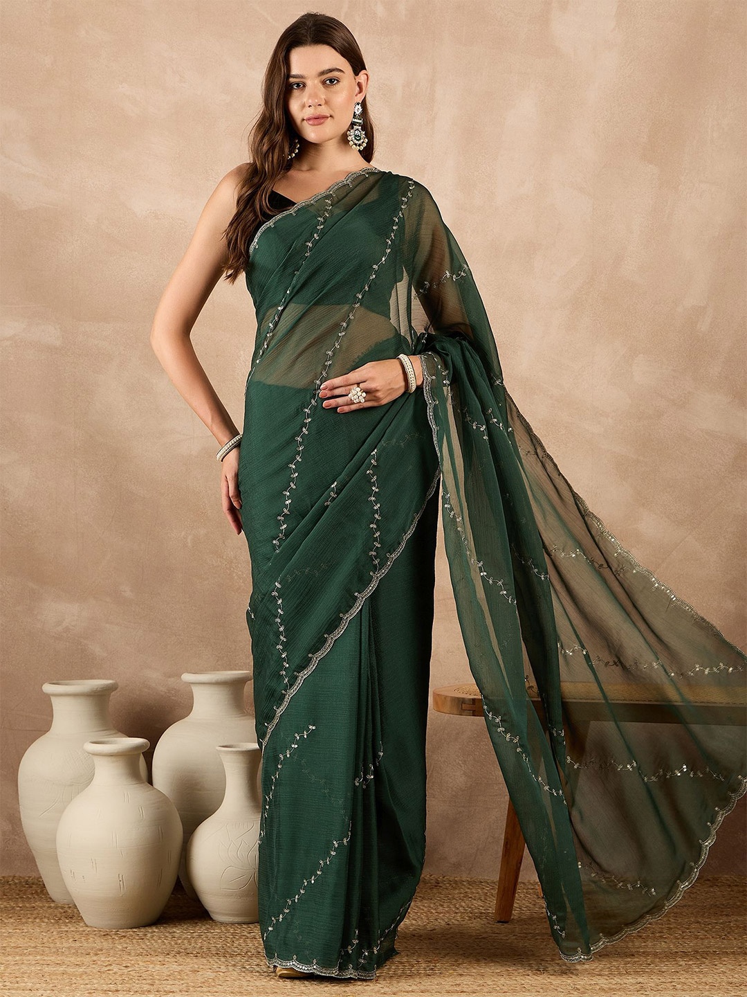 

all about you Embellished Embroidered Pure Chiffon Saree, Green
