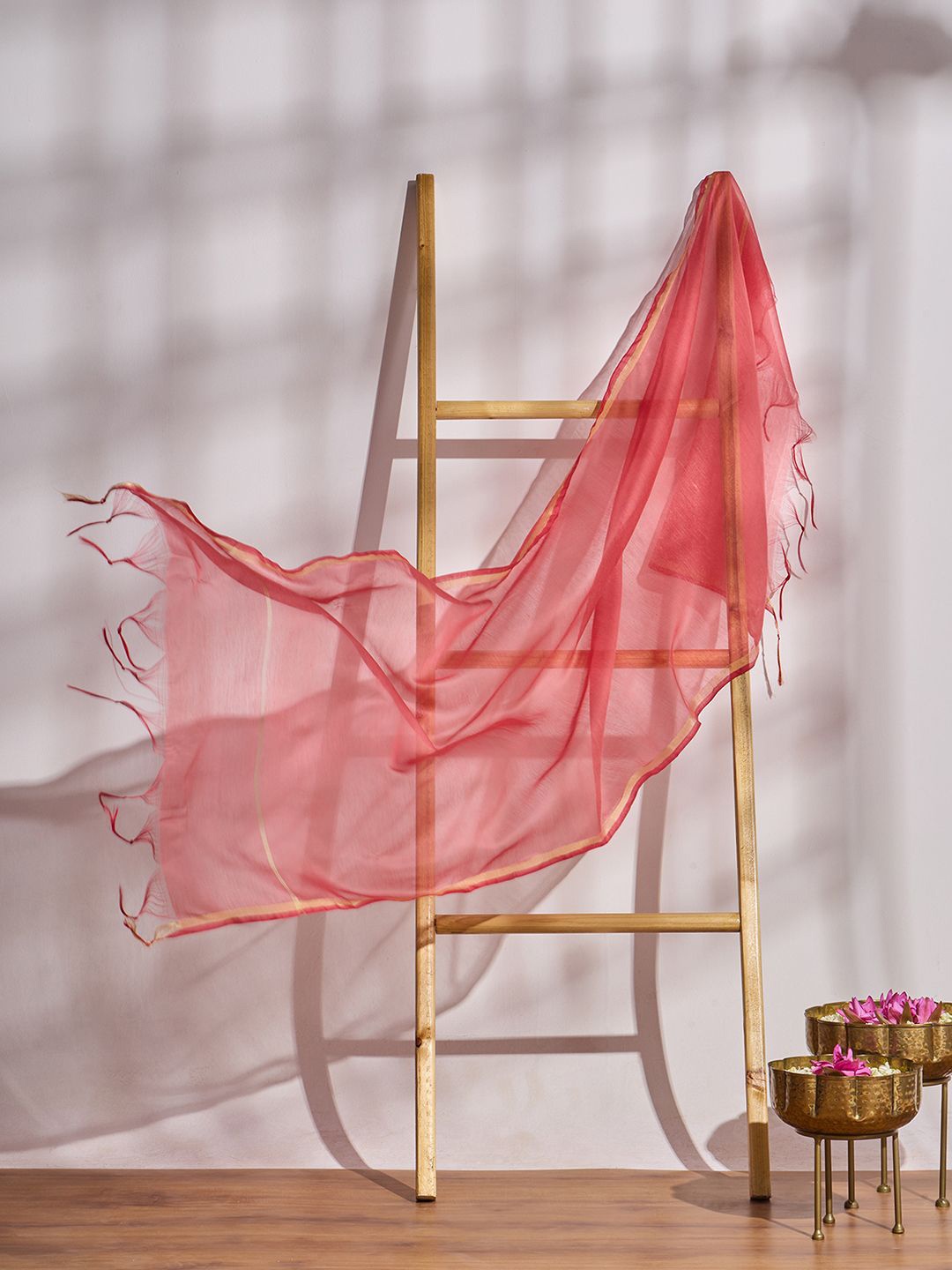 

Likha Striped Woven Design Tasselled Duppatta, Coral