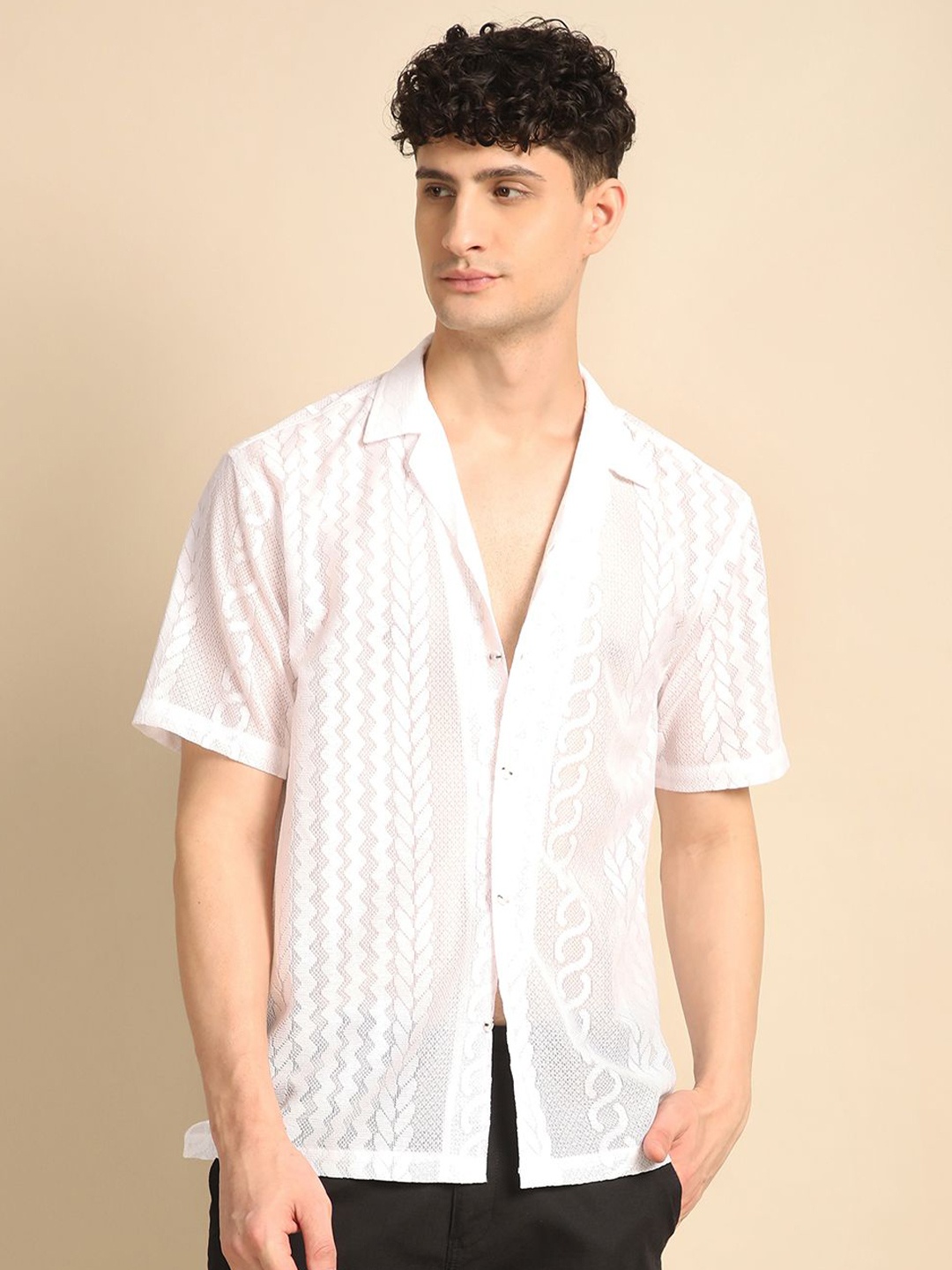 

Voroxy Men Relaxed Cuban Collar Textured Polycotton Casual Shirt, White