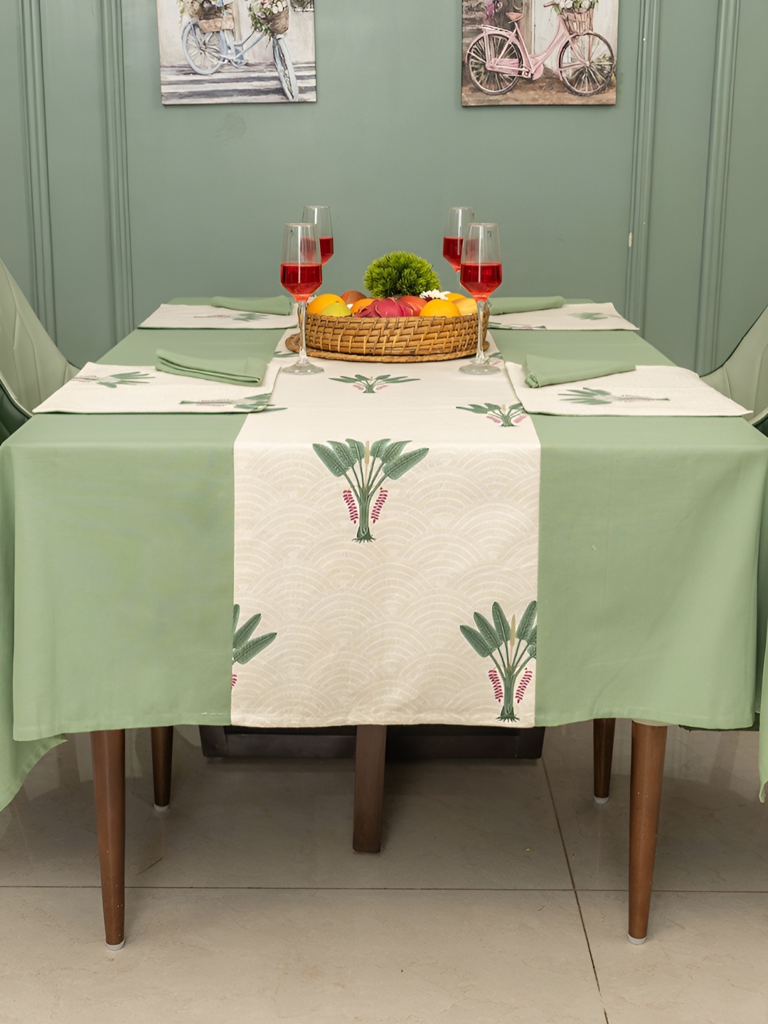 

URBAN SPACE Green & Beige 9 Pieces Printed Cotton Table Linen Sets