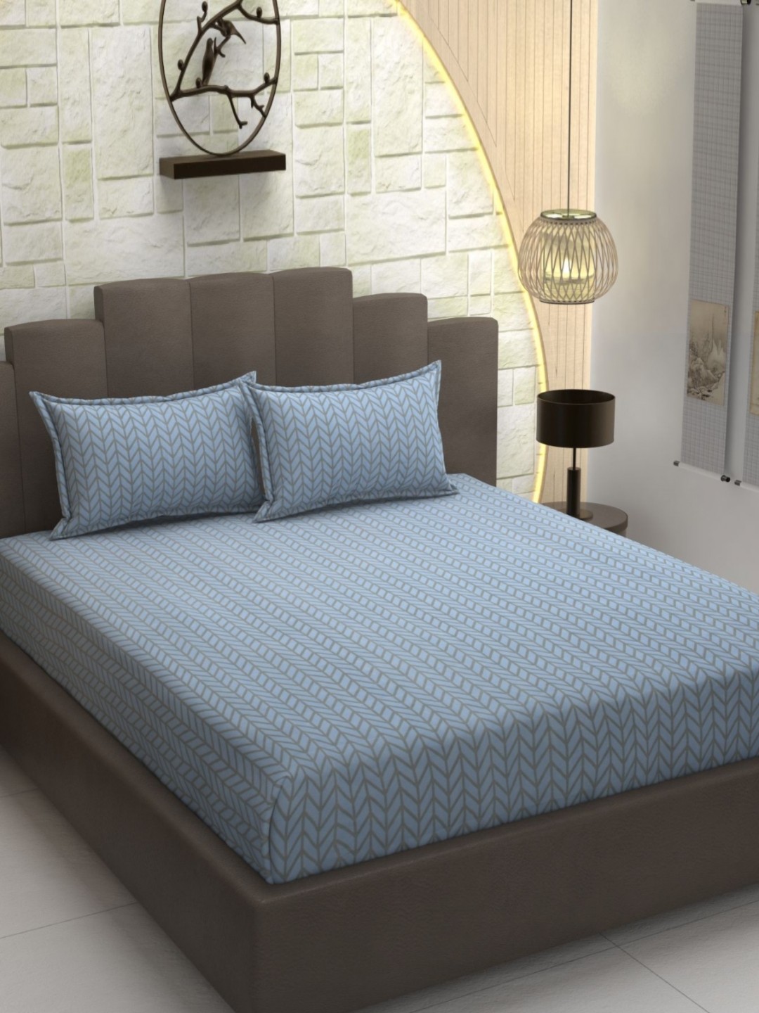 

AaHo Decor Blue & Brown Geometric 300 TC Double King Fitted Bedsheet with 2 Pillow Covers