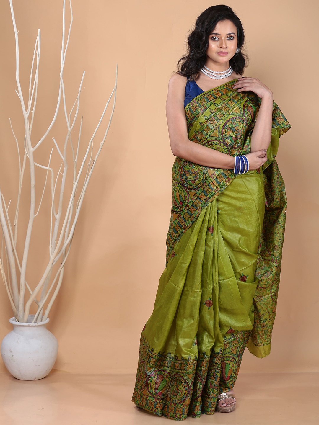 

Urbane Essence Floral Madhubani Silk Saree, Green