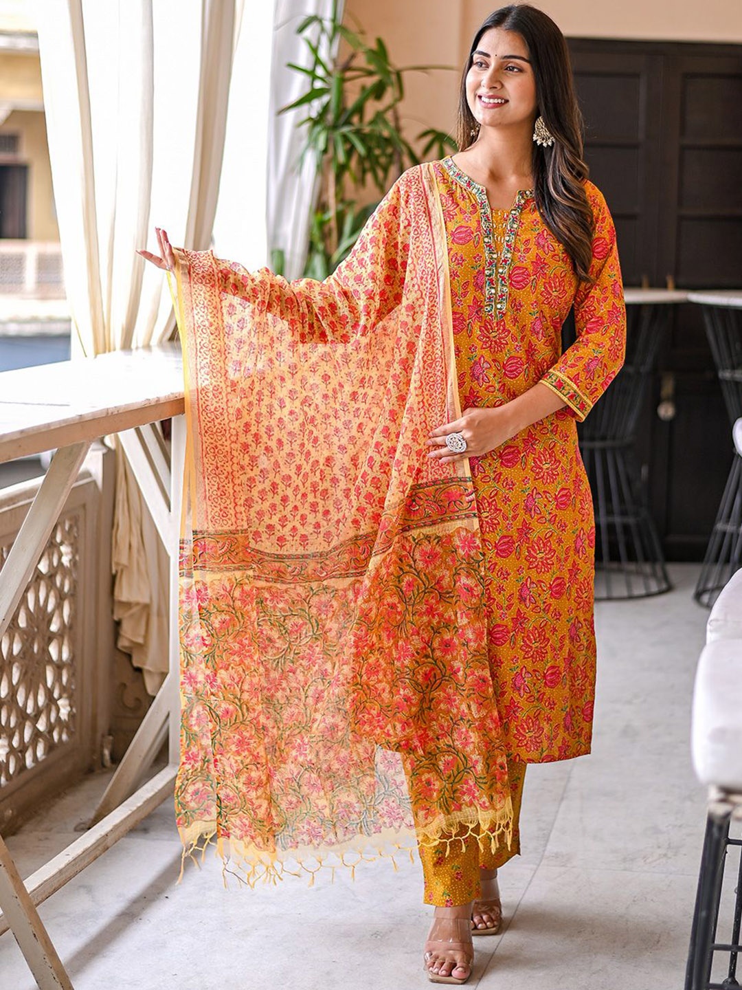 

Benaaz Floral Printed Round Neck Pure Cotton Straight Kurta With Trousers & Dupatta, Mustard