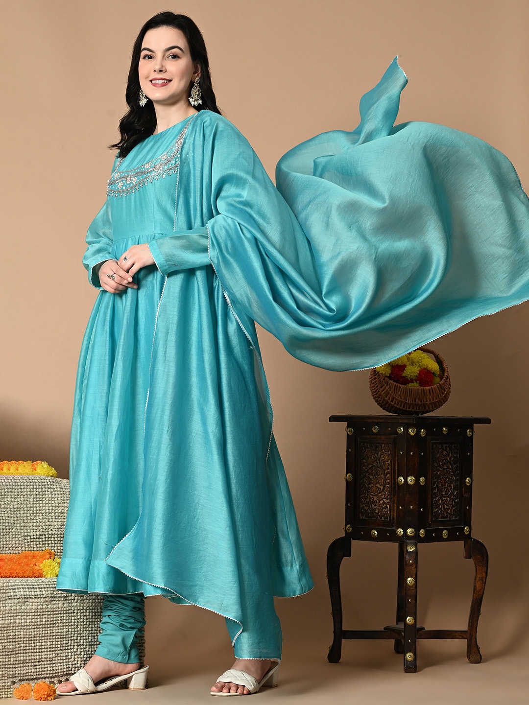 

NIRMOK Women Ethnic Motifs Embroidered Panelled Chanderi Silk Kurta with Churidar & With Dupatta, Blue