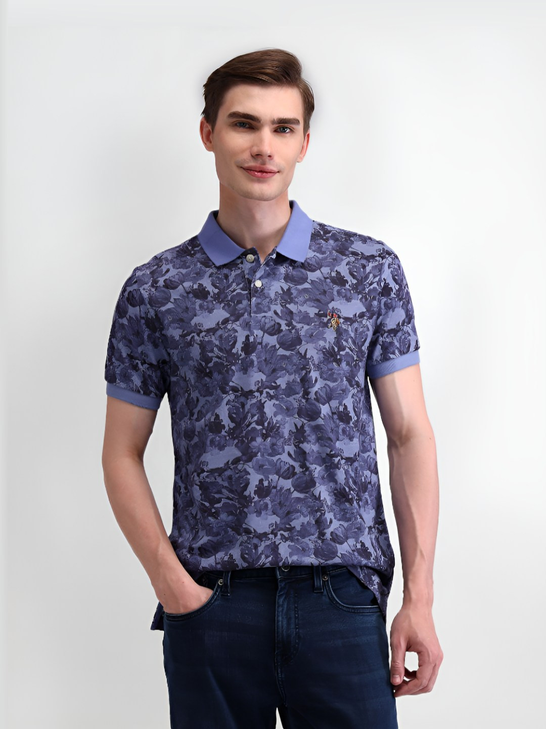 

U.S. Polo Assn. Denim Co. Men Floral Printed Polo Collar Slim Fit Cotton T-shirt, Navy blue
