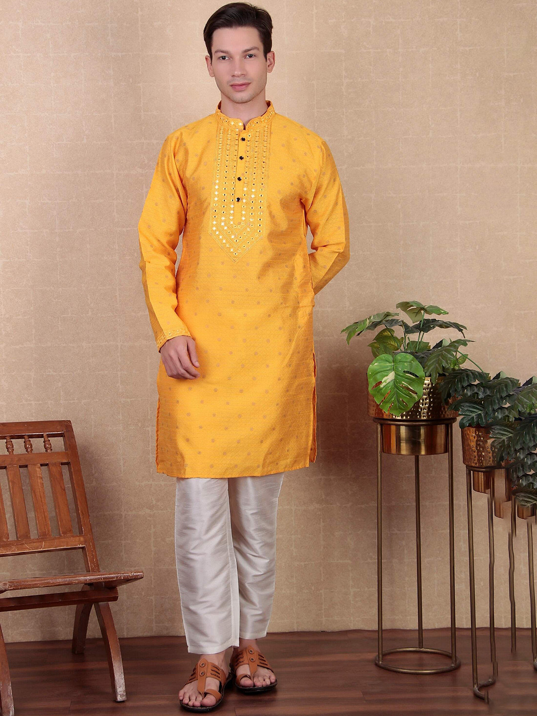 

Koshin Ethnic Motifs Embroidered Regular Mirror Work Straight Kurta with Pyjamas, Yellow