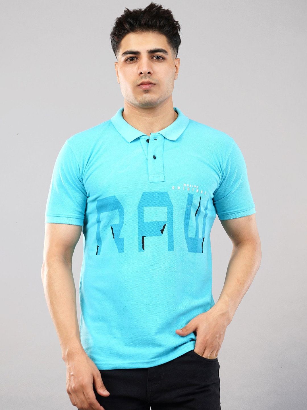 

MEGHZ Men Typography Printed Polo Collar Cotton Slim Fit T-shirt, Turquoise blue