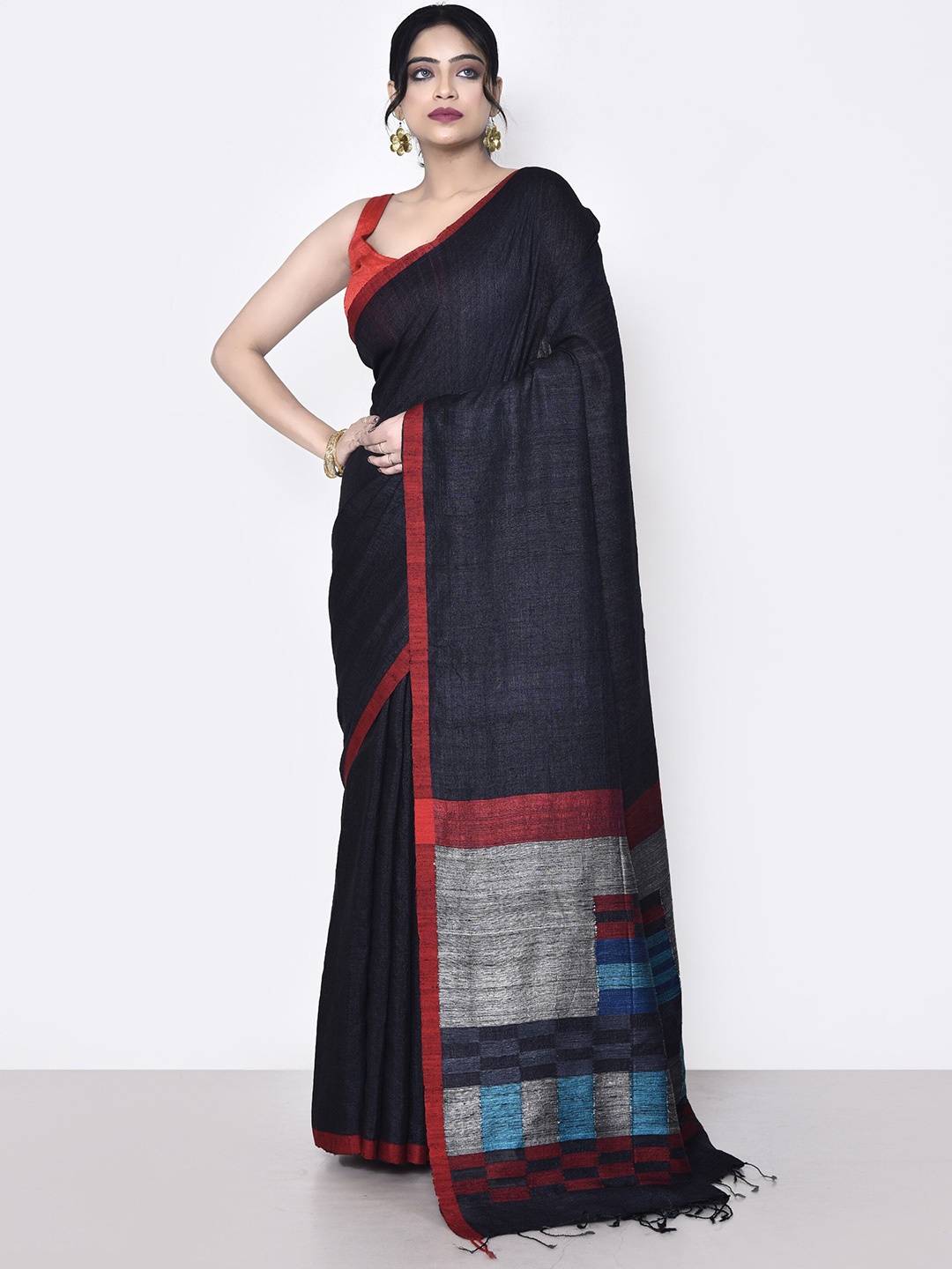 

SPRISH Pure Silk Tussar Saree, Black