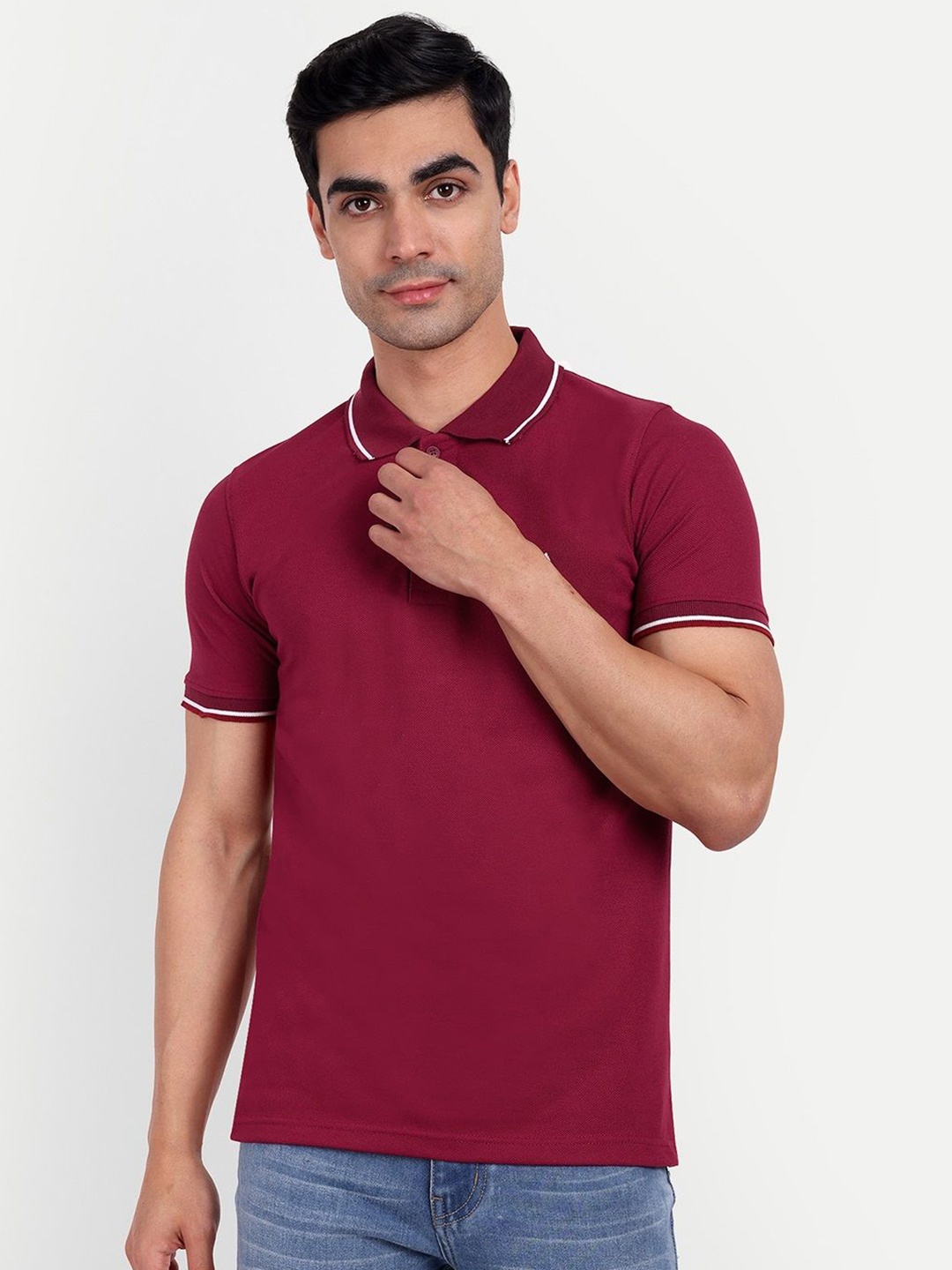 

MEGHZ Men Solid Polo Collar Cotton Slim Fit T-shirt, Maroon