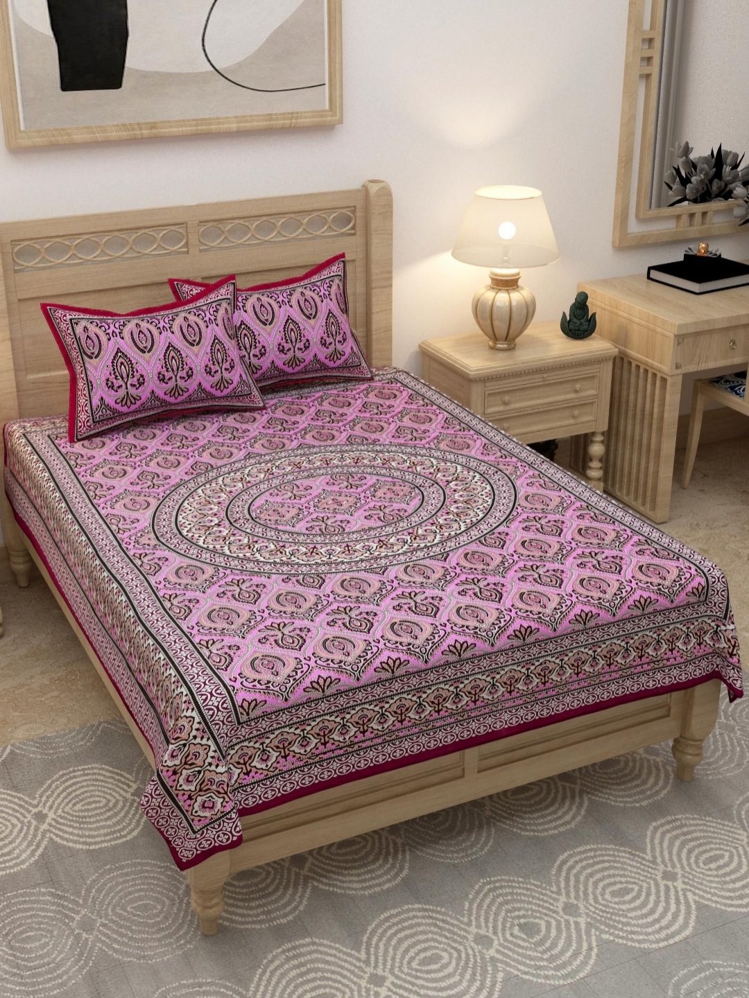 

Lali Prints Pink & White Ethnic Motifs Cotton 180 TC Single Bedsheet with 2 Pillow Covers