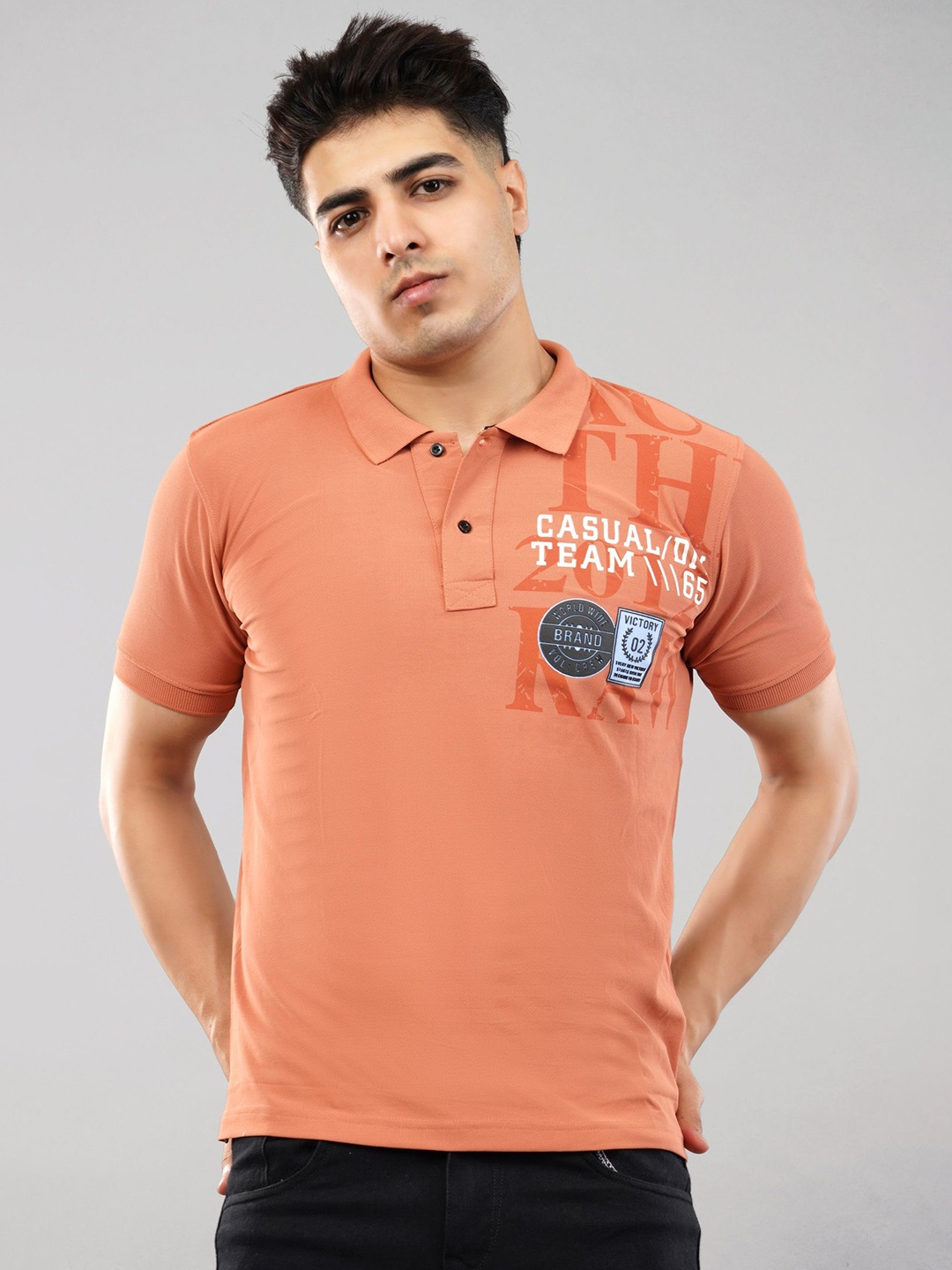 

MEGHZ Men Graphic Printed Polo Collar Cotton Slim Fit T-shirt, Peach