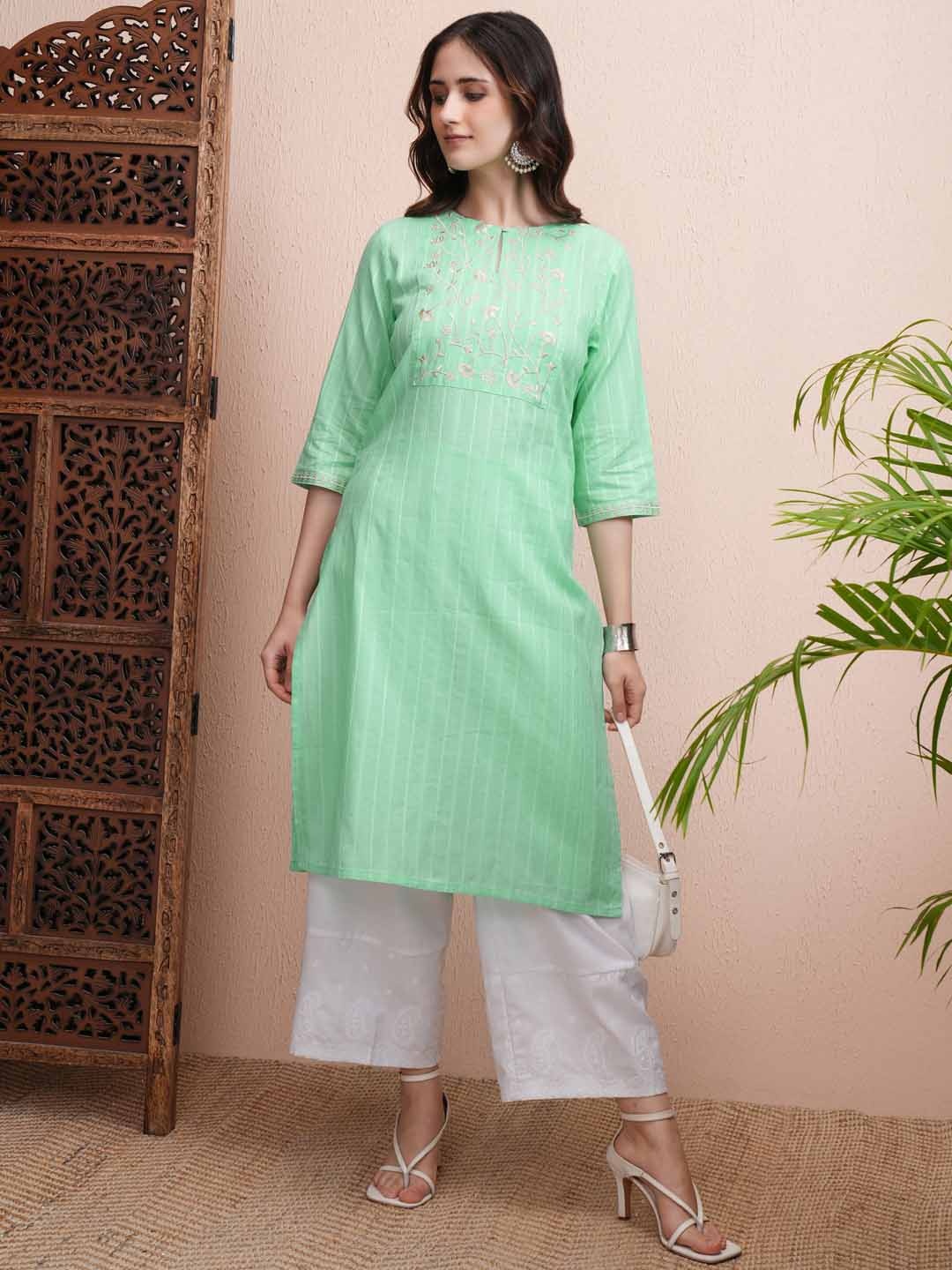 

Vishudh Floral Yoke Design Keyhole Neck Thread Work Straight Cotton Kurta, Green