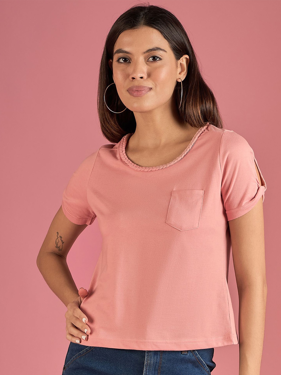 

DressBerry Women Solid Round Neck Cotton Top, Peach