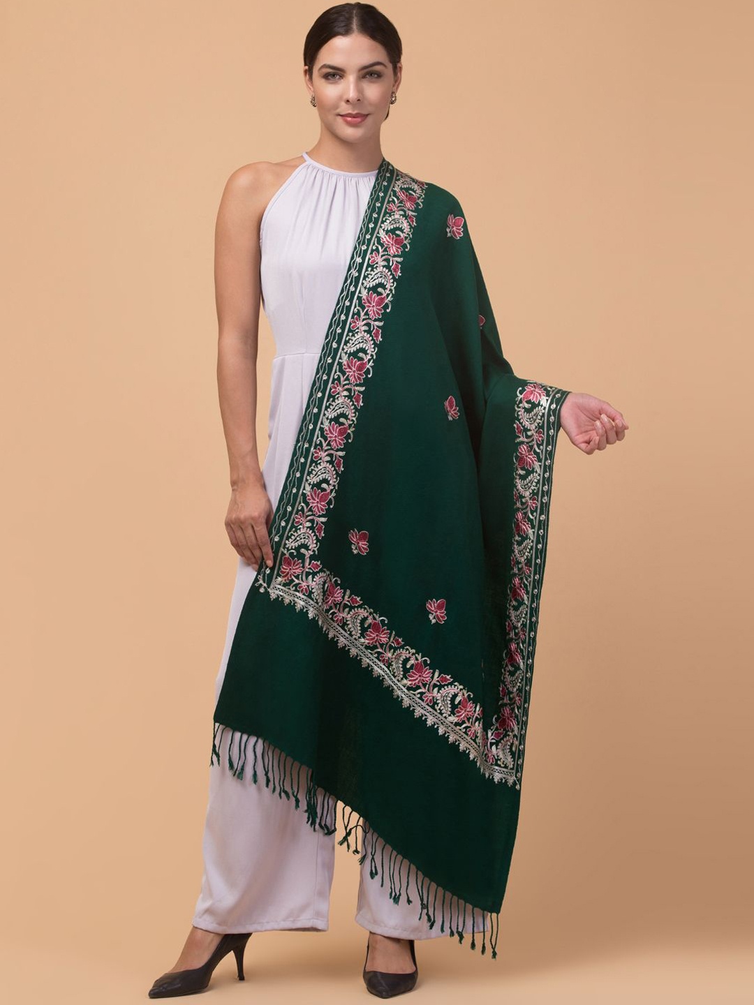 

Tweedle Floral Embroidered Acrylic Woollen Shawl, Green