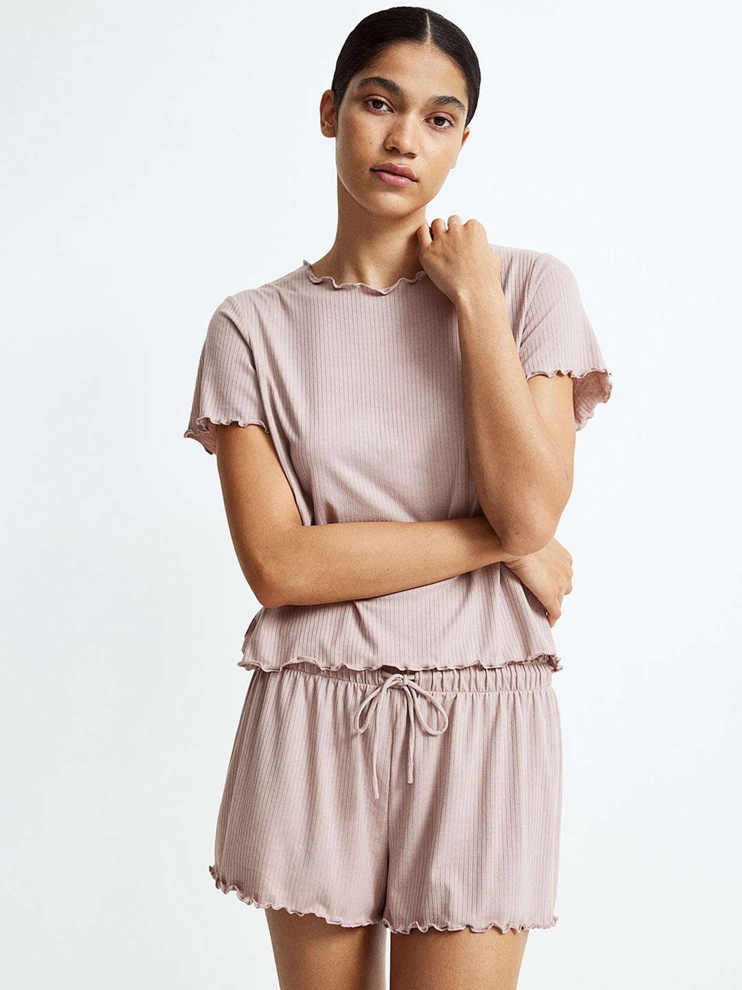 

H&M Women Overlock-Detail Ribbed Night suit, Pink