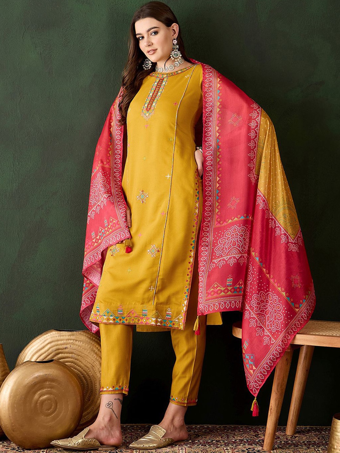 

Sangria Geometric Embroidered Thread Work Straight Kurta & Trouser With Dupatta, Yellow