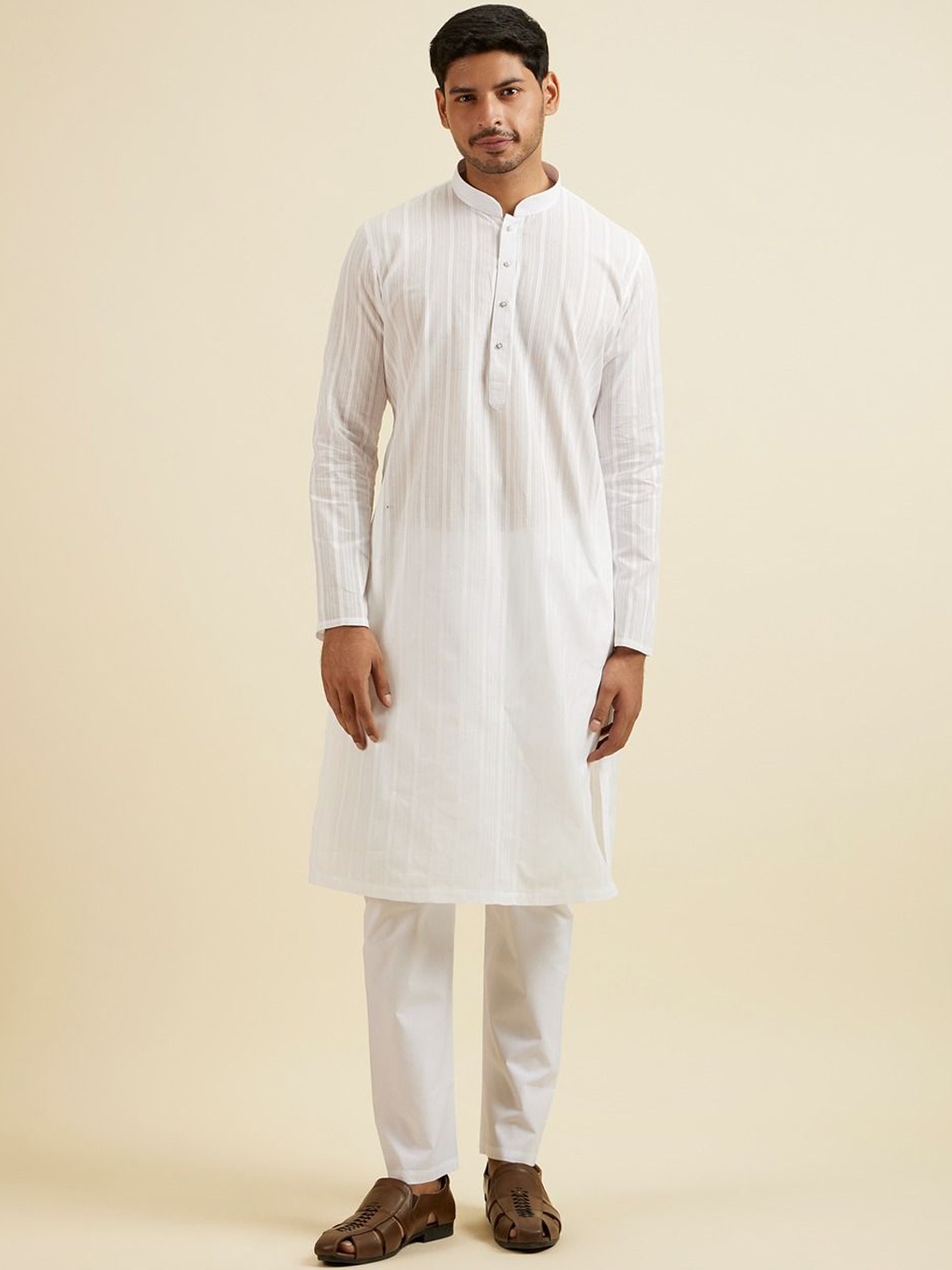 

Manyavar Striped Straight Cotton Kurta with Pyjamas, White