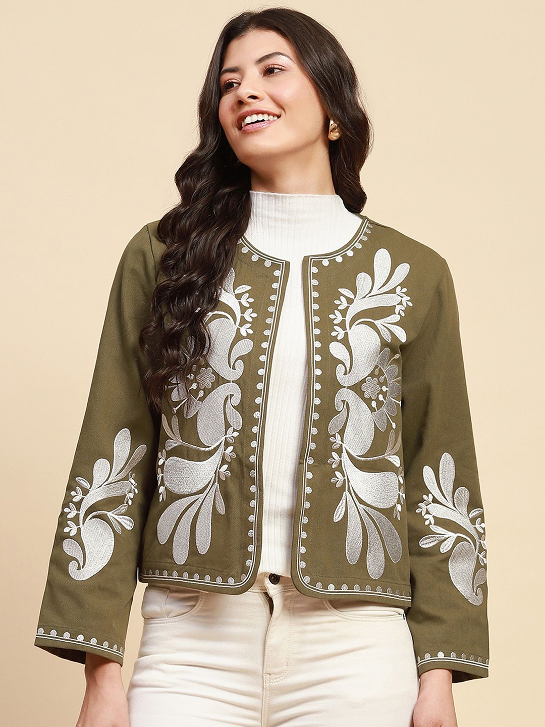 

Global Republic Embroidered Cotton Open Front Shrug, Green
