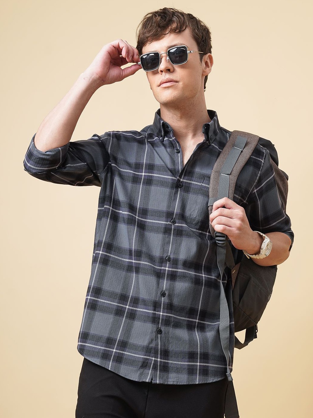 

British Club Men Standard Button-Down Collar Windowpane Checked Cotton Casual Shirt, Grey
