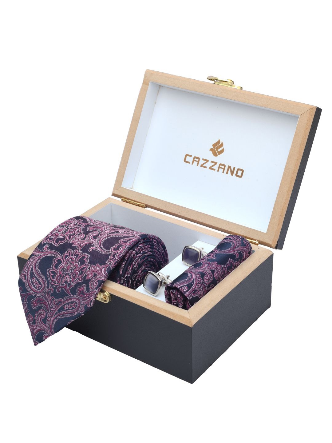 

Cazzano Men Floral Printed Tie Cufflinks & Pocket Square Accessory Gift Set, Purple