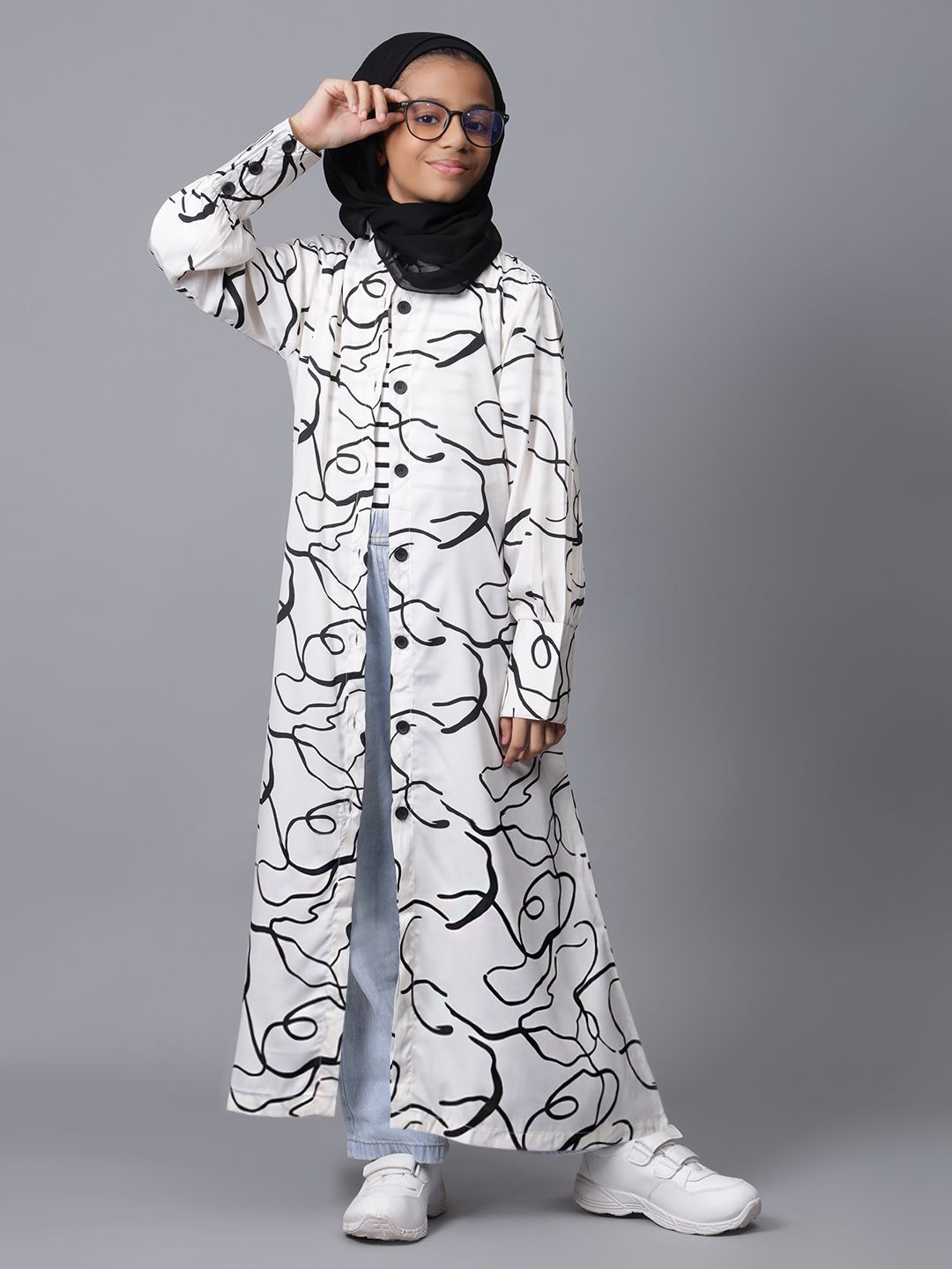 

NABIA Girls Abstract Printed Cuff Sleeves Maxi Dress, White
