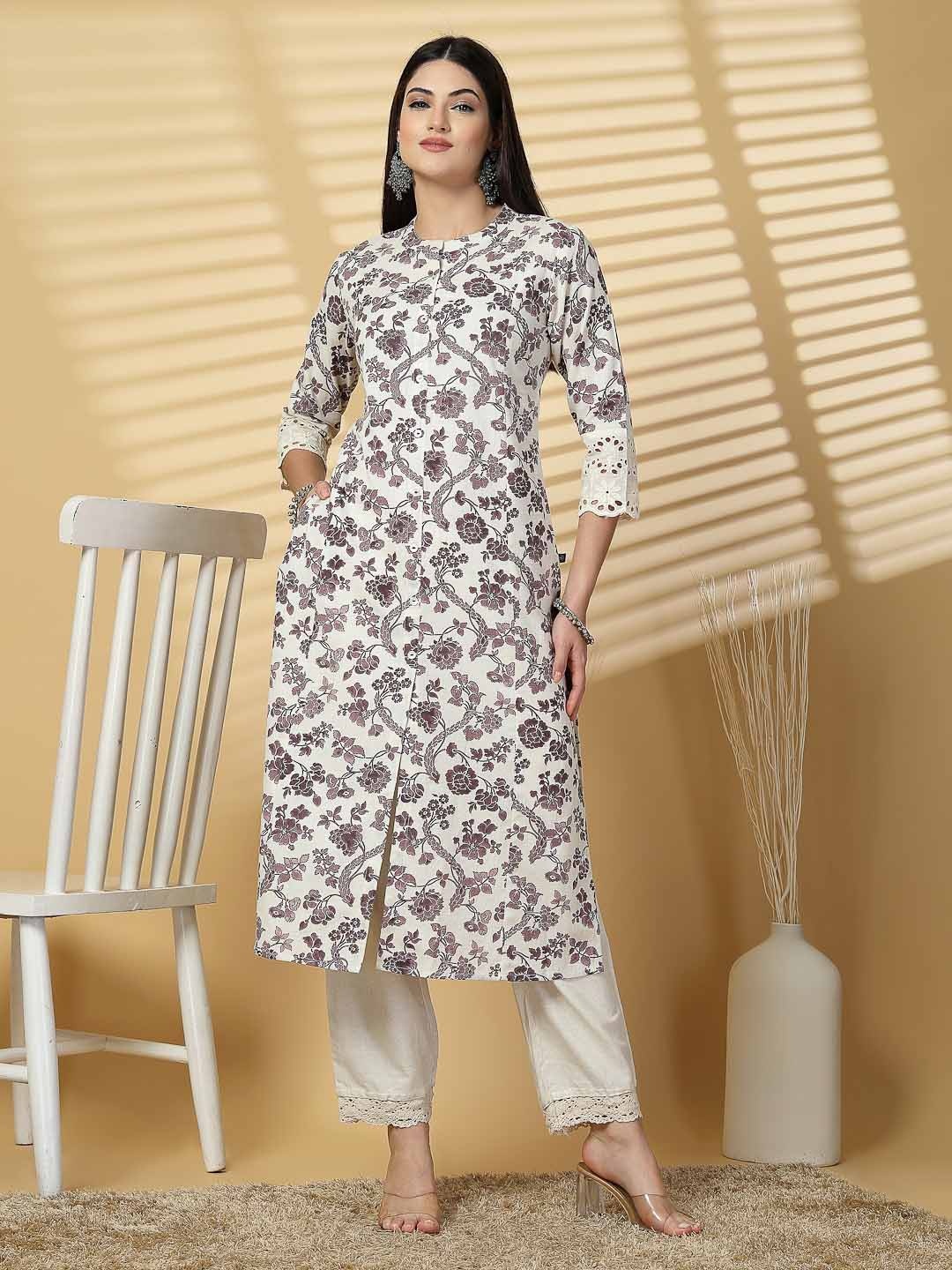 

Pistaa Floral Printed Mandarin Collar Panelled Cotton Straight Kurta, Mauve