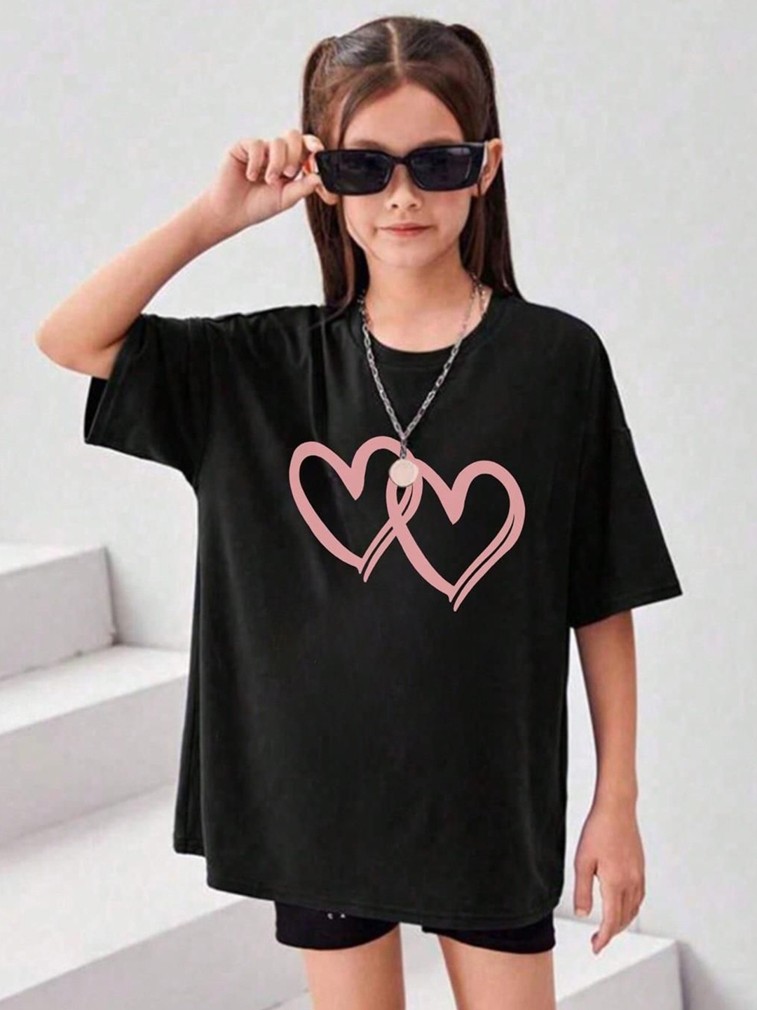 

Kotty Girls Graphic Printed Round Neck Cotton Oversized T-shirt, Black