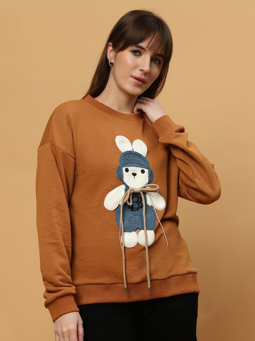 

Beatnik Women Graphic Printed Round Neck Pullover Sweatshirt, Brown
