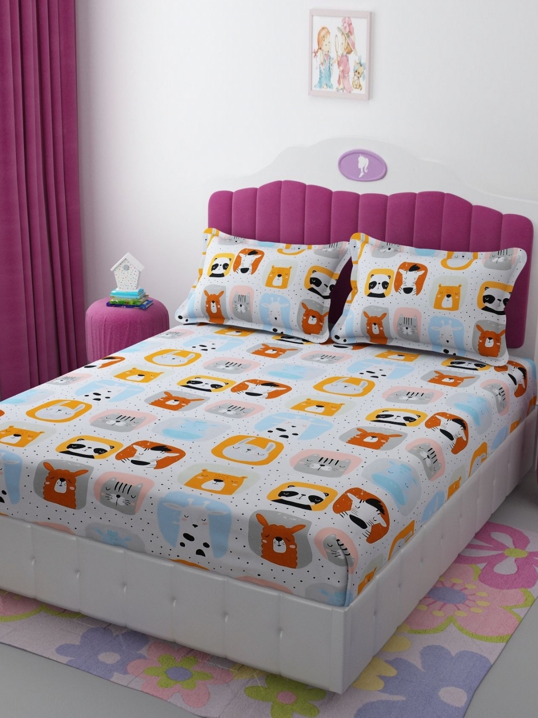 

AaHo Decor White Cartoon Characters 300 TC Double King Fitted Bedsheet & 2 Pillow Covers