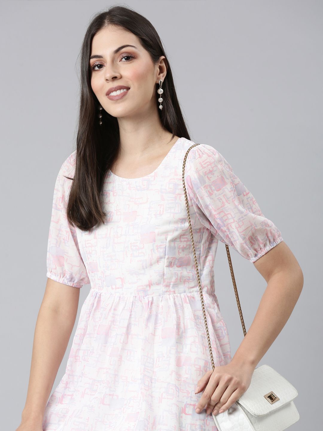 

TWIN BIRDS Floral Print Puff Sleeve Fit & Flare Dress, Off white