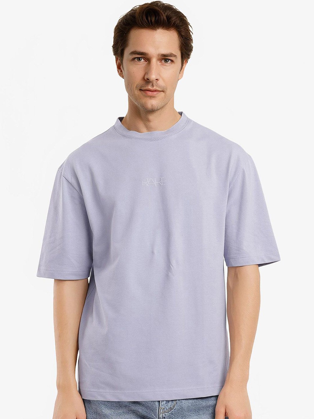 

RARE RABBIT Men Solid Round Neck Cotton T-shirt, Purple